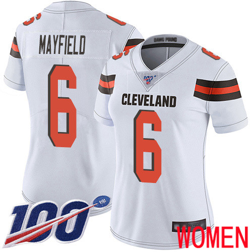 Cleveland Browns Baker Mayfield Women White Limited Jersey 6 NFL Football Road 100th Season Vapor Untouchable